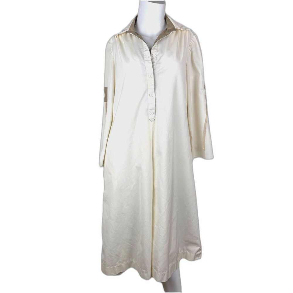 VTG 80s Ivory Cotton Poly Shirt Dress Kaftan A-line Midi Pockets Women's Size 8